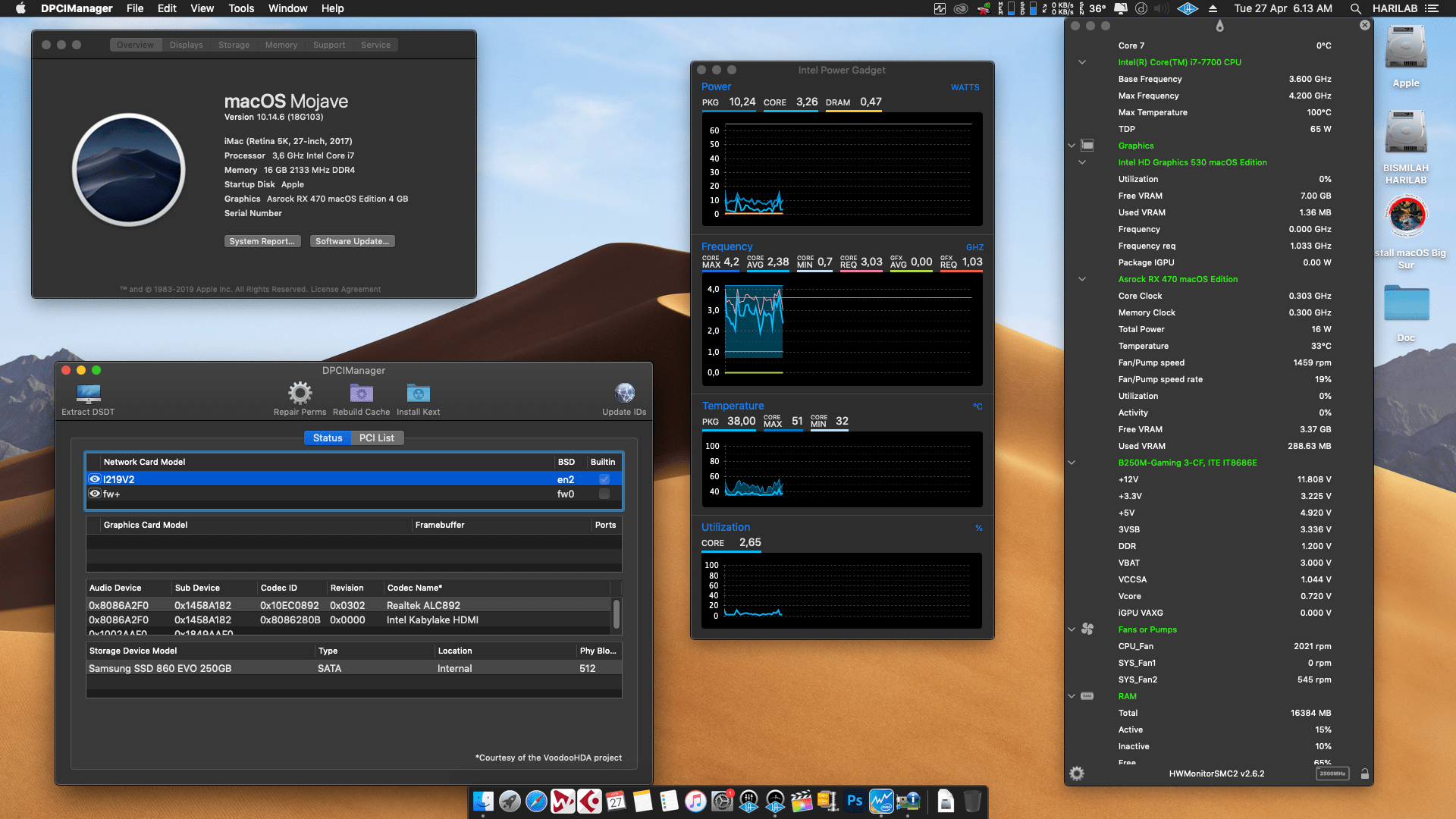 Success Hackintosh macOS Mojave 10.14.6 Build 18G103 in Gigabyte GA-B250M-Gaming 3 + Intel Core i7 7700 + Asrock RX 470